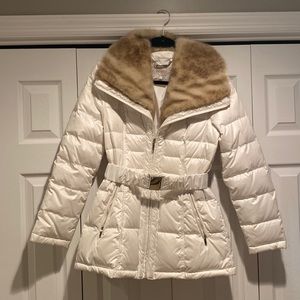 Faux fur belted white puffer jacket